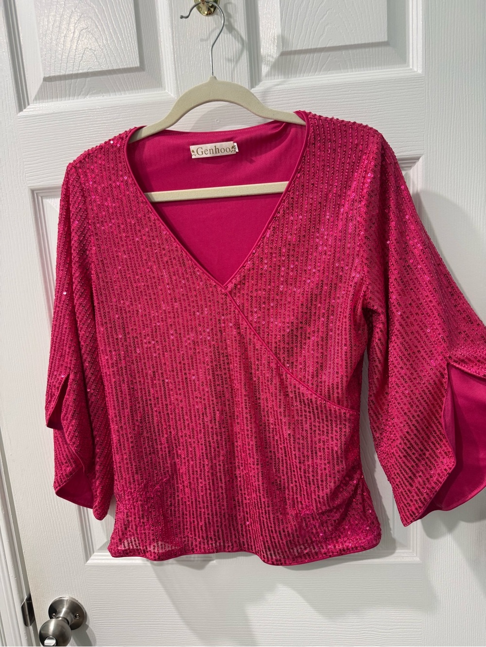 Fuchsia Sequin Wrap-Style Blouse